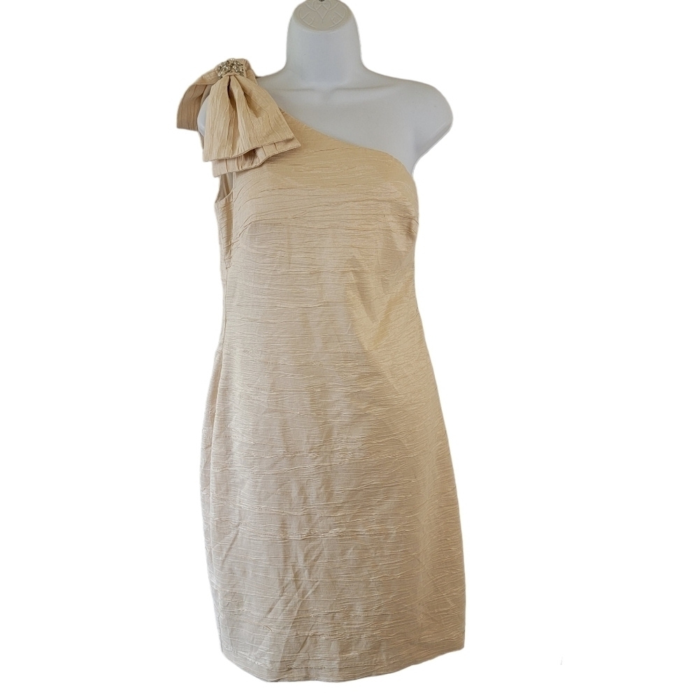 Eliza J Ivory One Shoulder Cocktail Dress Sz 14 Bow Embellished Line Side Zip